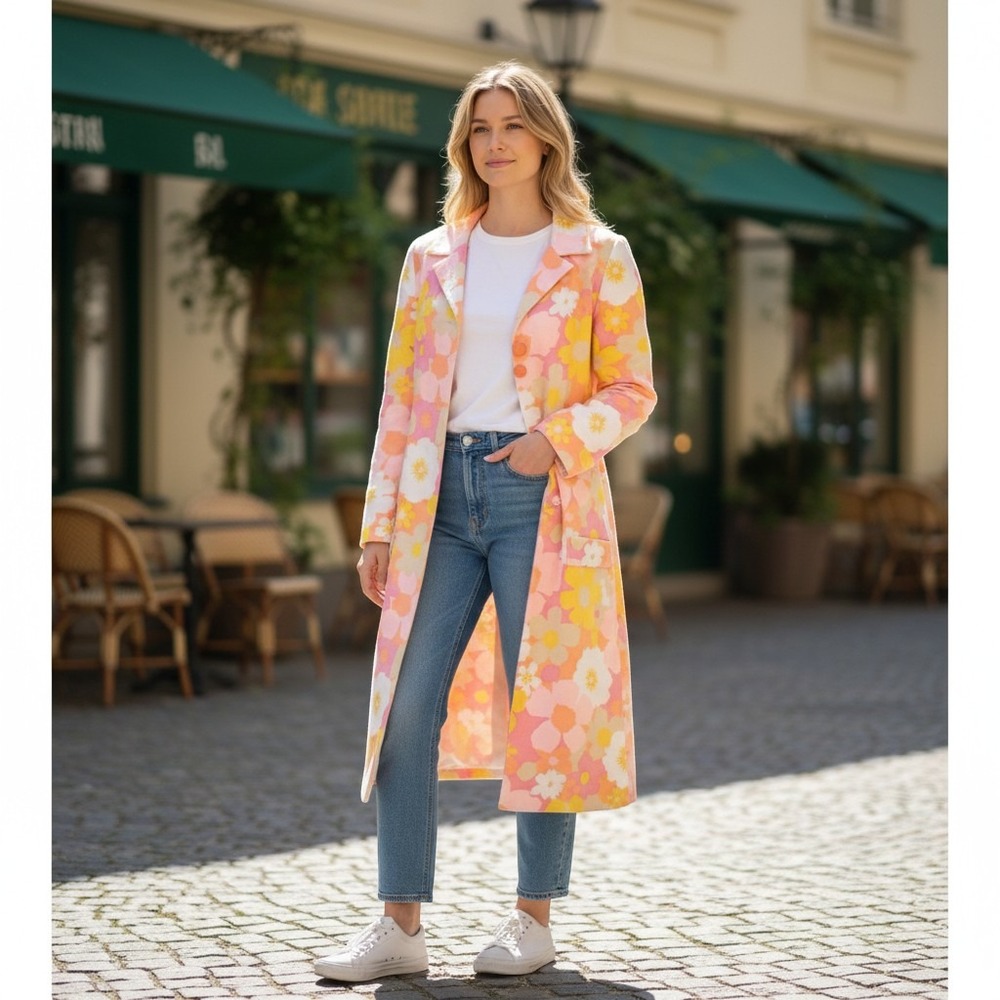 Vintage Mod Pastel Floral Linen Coat Perfect Spring Coat